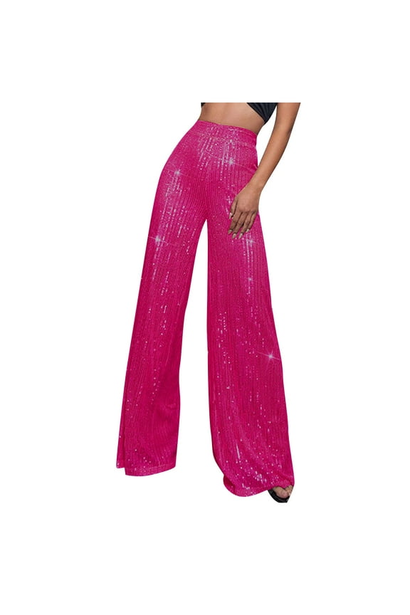 Sequin Glitter High Waist Wide Leg Palazzo Pants for Women, Sparkly Party Trouser Bling Leggings Hot Pink M