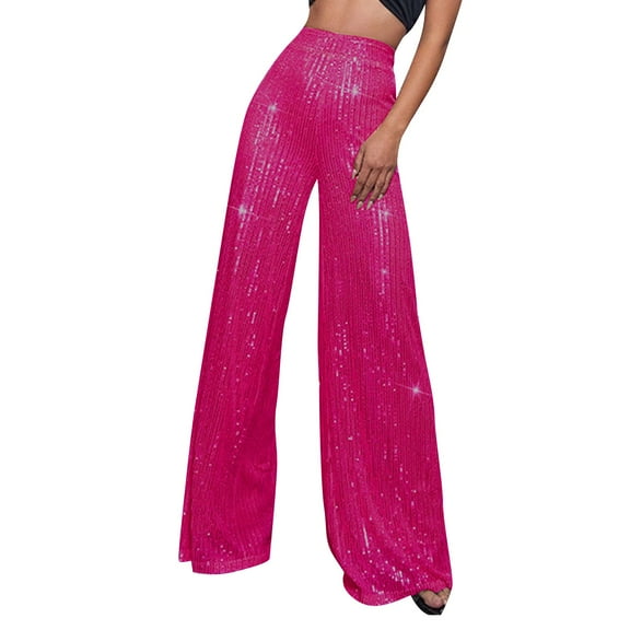 Sequin Glitter High Waist Wide Leg Palazzo Pants for Women, Sparkly Party Trouser Bling Leggings Hot Pink S