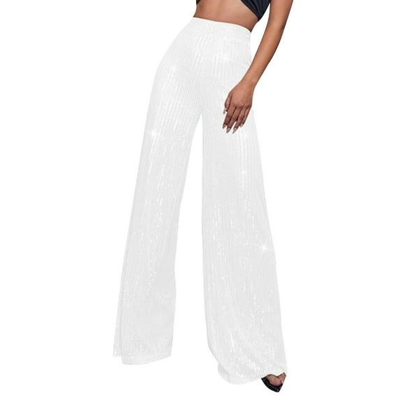 Sequin Glitter High Waist Wide Leg Palazzo Pants for Women, Sparkly Party Trouser Bling Leggings White 2XL