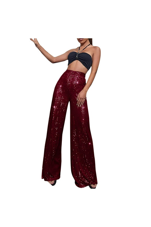 Sequin Glitter High Waist Wide Leg Palazzo Pants for Women, Sparkly Party Trouser Bling Leggings