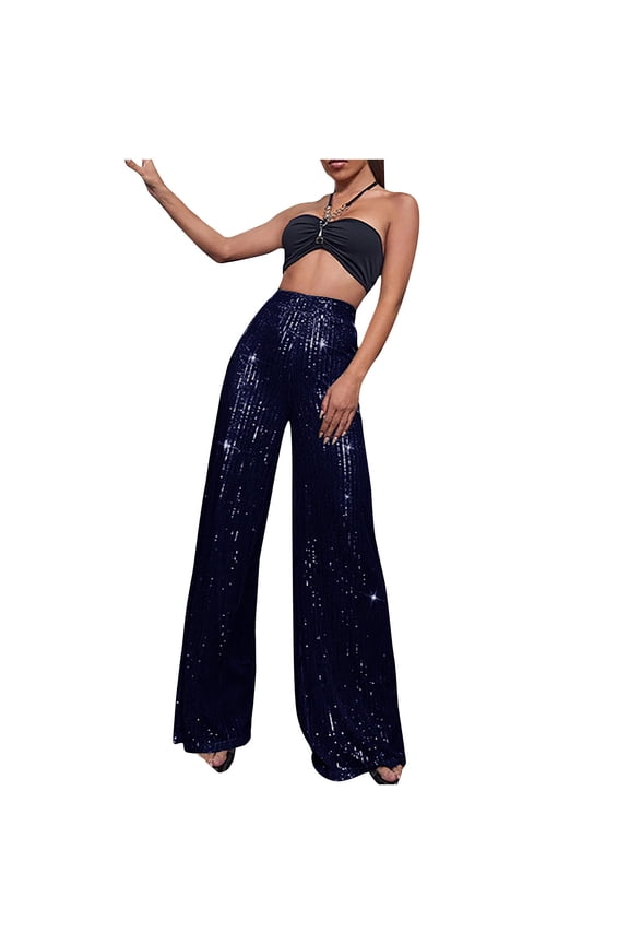 Sequin Glitter High Waist Wide Leg Palazzo Pants for Women, Sparkly Party Trouser Bling Leggings