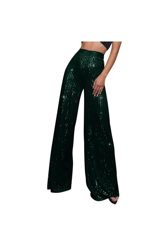 Sequin Glitter Pants for Women High Waist Flowy Wide Leg Palazzo Trousers Sparkly Party Elegant Evening Wear Dark Green S