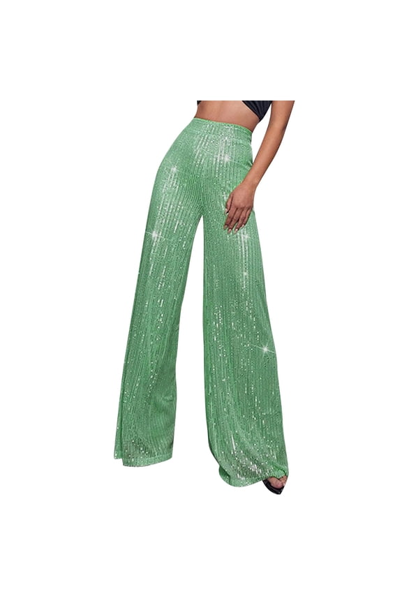 Sequin Glitter Pants for Women High Waist Flowy Wide Leg Palazzo Trousers Sparkly Party Elegant Evening Wear Light Green L