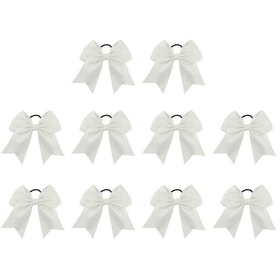 Sequin Gold Cheer Bows, Handmade 10PCS Large Cheer Bows Ponytail Holder Elastic Band (White)