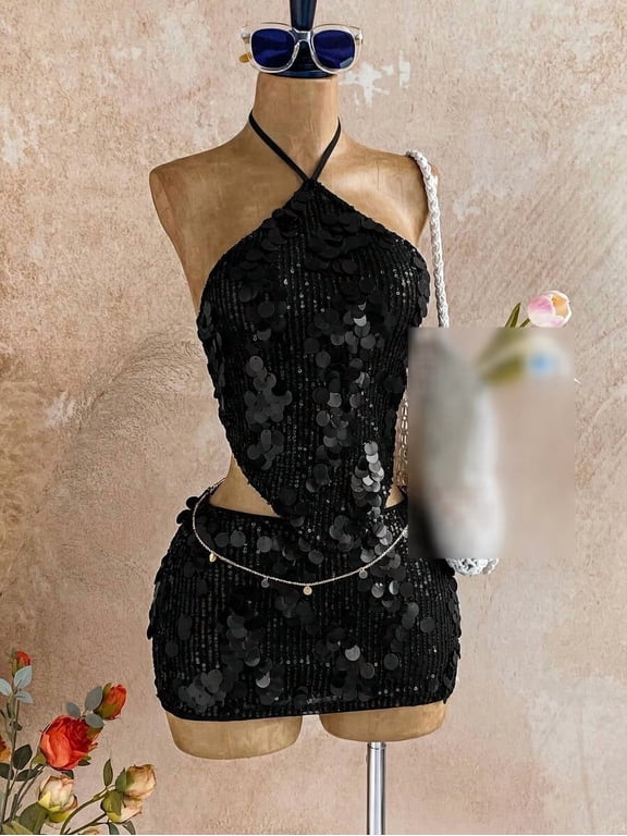 Sequin Halter Cutout Backless Top and Mini Skirt Set for Women Sleeveless Fitted Two Piece