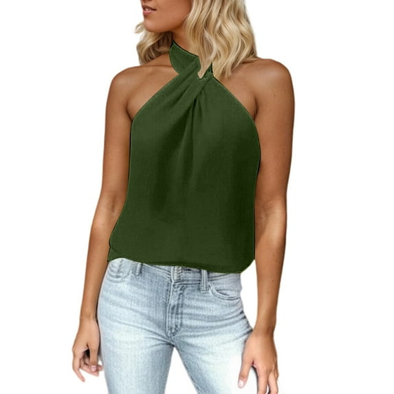 Sequin Halter Tops for Women Sleeveless Dressy Sparkle Tank Camisole Tops Party Club Vest Shirt,Army Green,XS