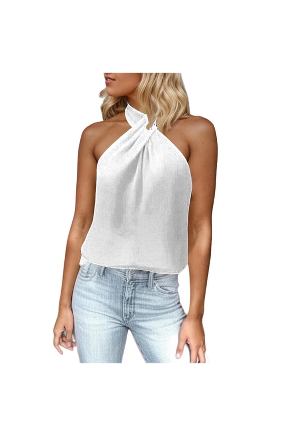 Sequin Halter Tops for Women Sleeveless Dressy Sparkle Tank Camisole Tops Party Club Vest Shirt,White,XS
