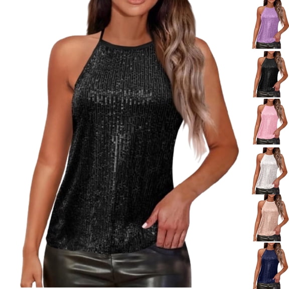 Sequin Halter Tops for Women Sleeveless Sparkly Shiny Tank Tops Ruched Flowy Sparkly Club Outfits Party Shirt,Black XXL