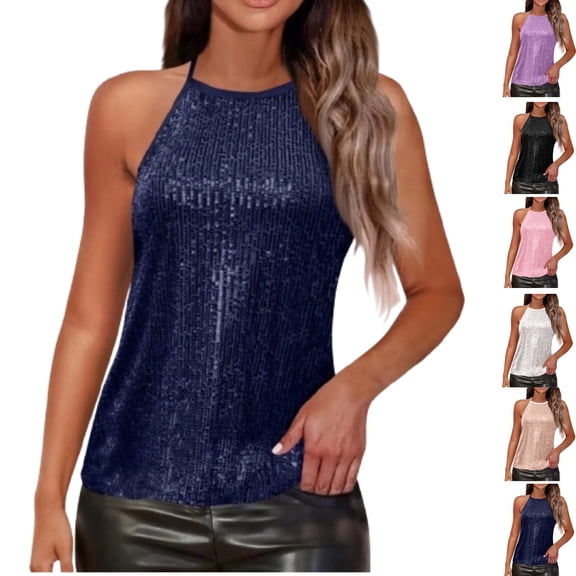 Sequin Halter Tops for Women Sleeveless Sparkly Shiny Tank Tops Ruched Flowy Sparkly Club Outfits Party Shirt,Dark Blue XL
