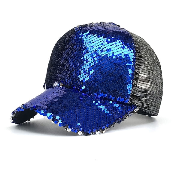 Sequin Hat Shiny Sequin Baseball Cap Adjustable Breathable Mesh Cap (Blue One Size)