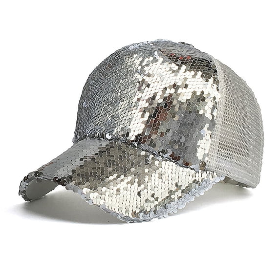 Sequin Hat Shiny Sequin Baseball Cap Adjustable Breathable Mesh Cap (Silver One Size)