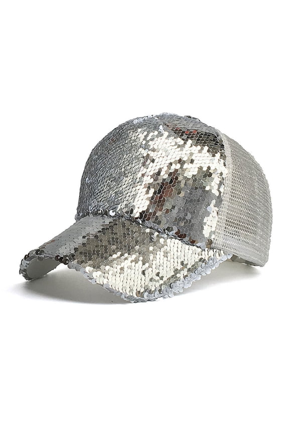 Sequin Hat Shiny Sequin Baseball Cap Adjustable Breathable Mesh Cap (Silver One Size)