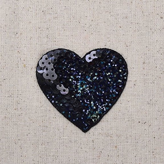 Sequin Heart - BLACK - Large 2" - Valentine - Iron on Applique/Embroidered Patch