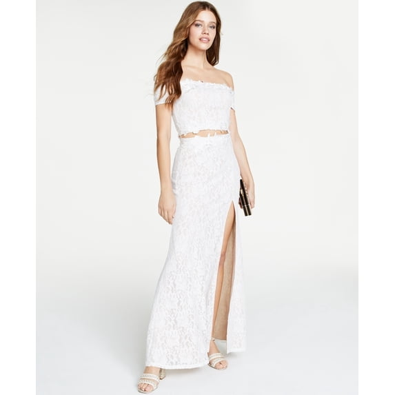 Sequin Hearts Juniors' 2-Pc. Glitter-Lace Off-The-Shoulder Gown Beige Size 0
