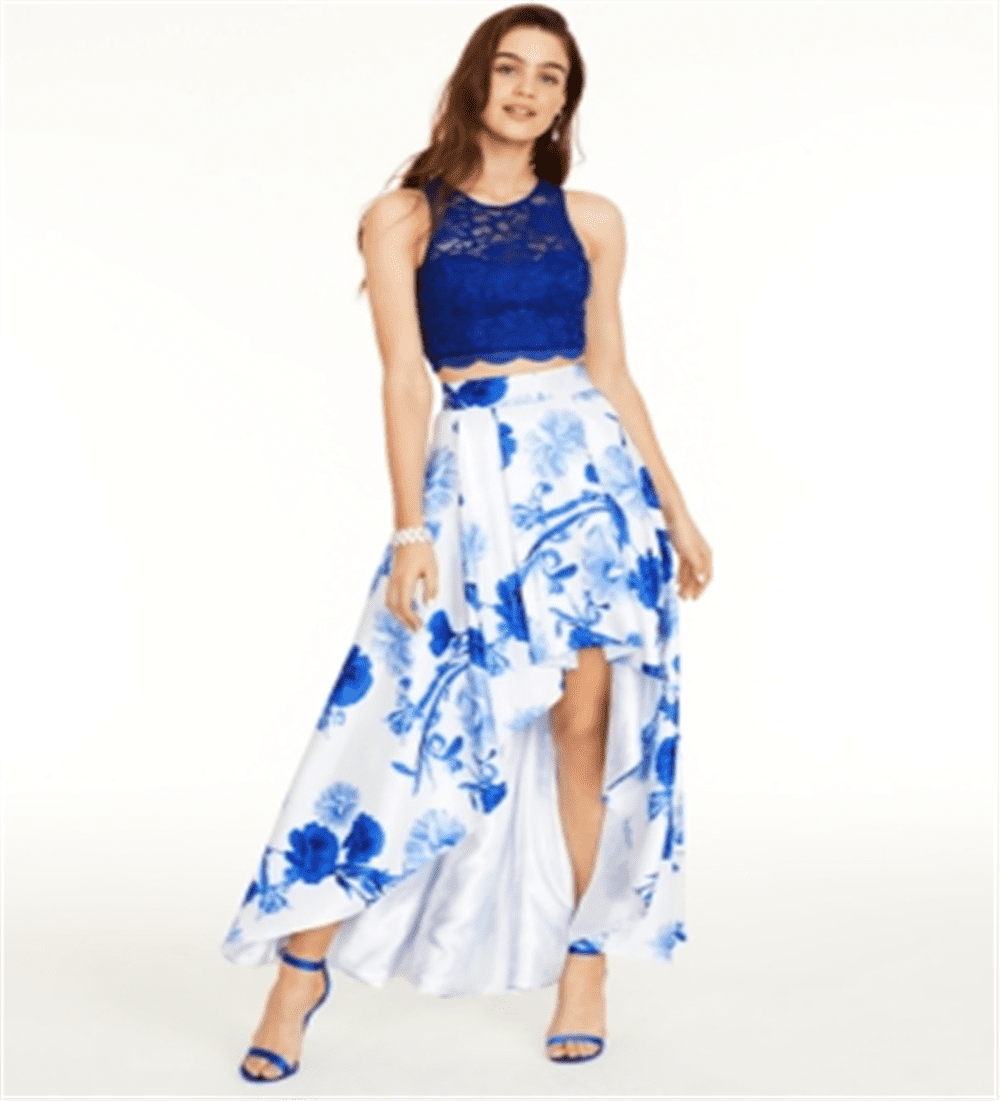 Sequin Hearts Juniors 2 Pc. Lace Top Floral Print Skirt White Blue Size 3 Walmart