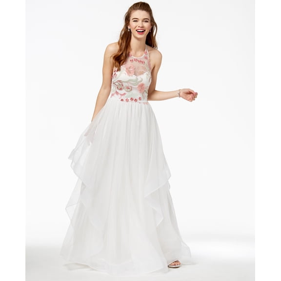 Sequin Hearts Juniors Embroidered Mesh Halter Gown Ivoryblush 1