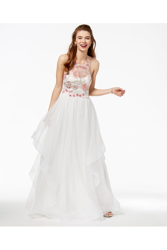 Juniors Embroidered Mesh Halter Gown Ivoryblush 1