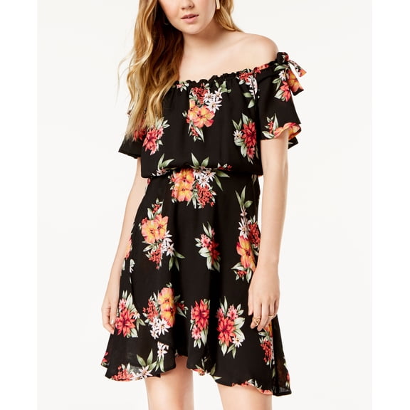 Sequin Hearts Juniors Printed Off The Shoulder Dress Blackred S