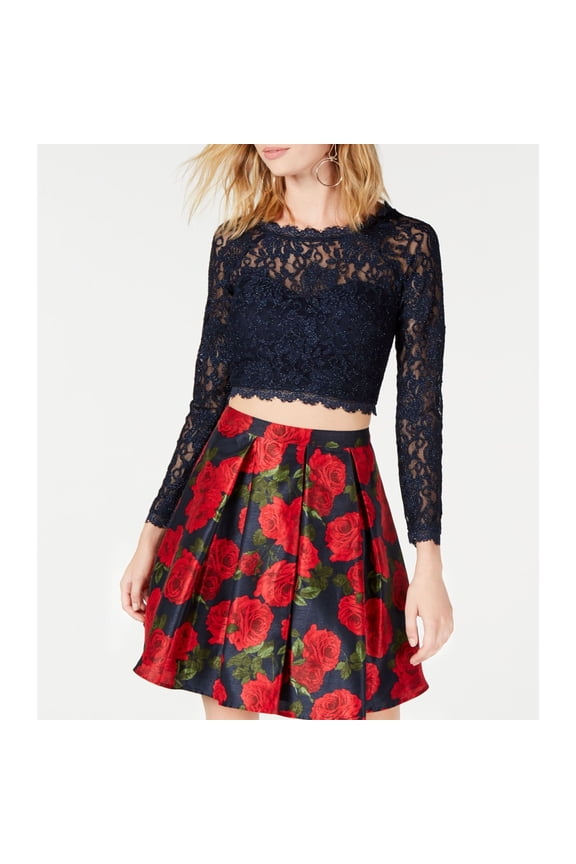 Womens Glitter Lace Crop Top Blouse, Blue, 5