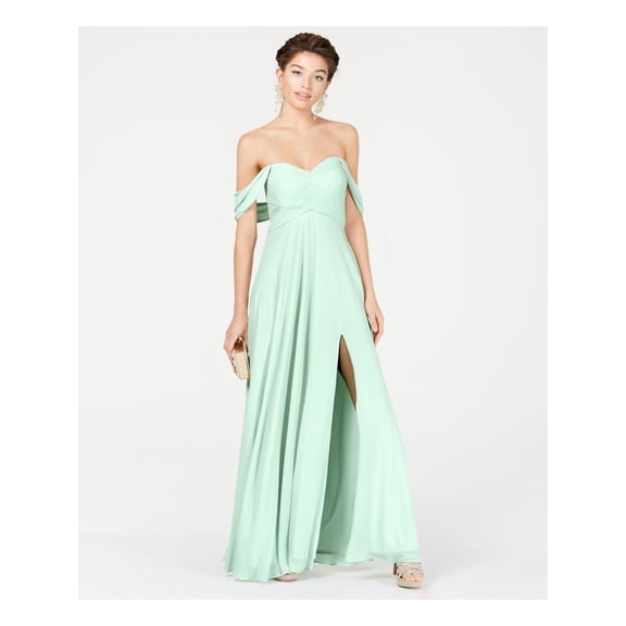 Sequin Hearts Womens Juniors Off-The-Shoulder Side-Slit Evening Dress Green 3