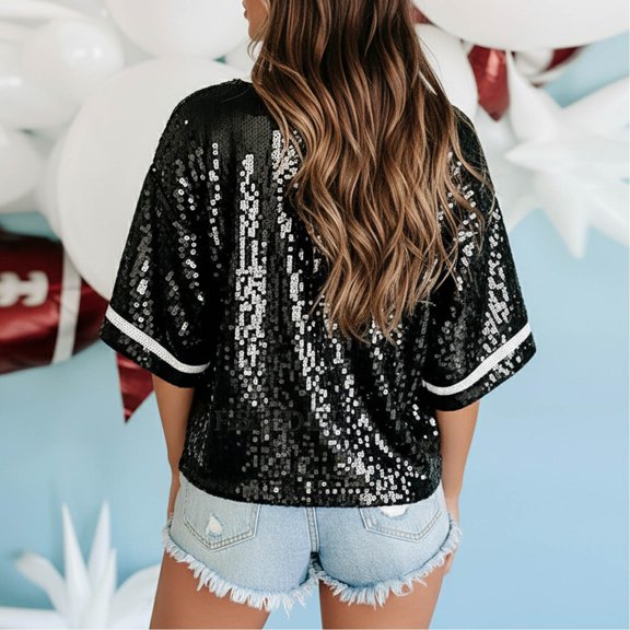 Sequin Holiday Party Tops For Women Casual Bow Print Crew Neck Loose Fit Short Sleeve Blouse Comfortable Carnival Shiny Tee Pullover Outfits Black L