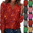 thumbnail image 1 of Sequin Holiday Tops for Women Party Night V Neck Sparkly Long Sleeve Top Glitter New Years Eve Tops Pink 2XL, 1 of 7
