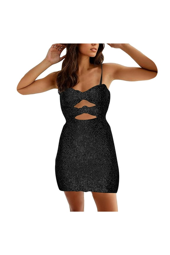Sequin Homecoming Dress for Women Sparkly Hollow out Spaghetti Strap Dresses Bodycon Tight Mini Dress Black S