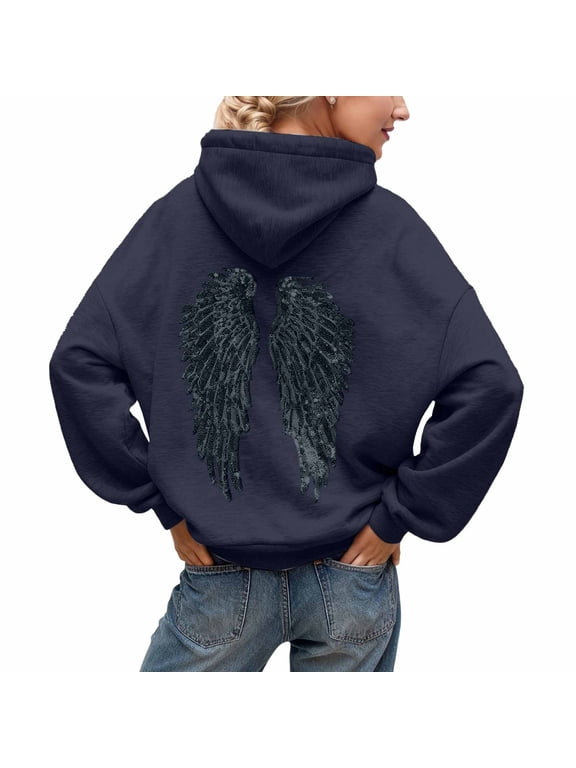 Sequin Hoodies for Womens Angel Wings Graphic Print Trendy Y2K Long Sleeve Pullover Tops Baggy Drawstring Sweatshirt with Pocket