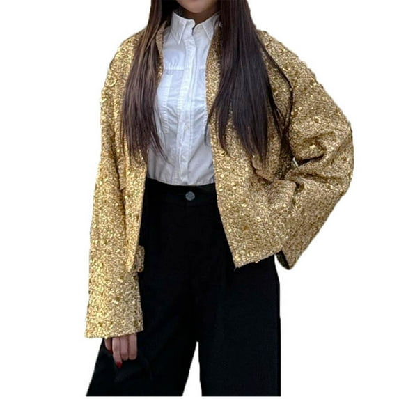 Sequin Jacket Plus Size Women Casual Long Sleeve Stand Collar Coats with Pockets Fashion Loose Blazer Coat (Gold M)
