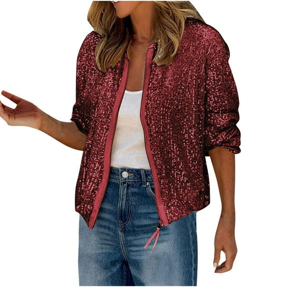 Sequin Jacket Womens Zip Up Bomber Coat Vintage Fashion Sparkly Glitter Concert Party Outfit Zipper Outerwear (2XL, Wine)