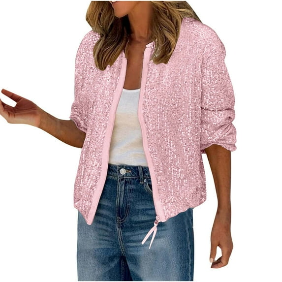 Sequin Jacket Womens Zip Up Bomber Coat Vintage Fashion Sparkly Glitter Concert Party Outfit Zipper Outerwear (S, Pink)