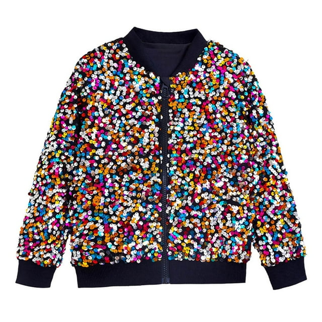 Sequin Jacket for Kids Gradient Multicolor Print Crew Neck Zip Up Girls Perform Coats Boys Christmas Tops 10-12 Years 10Y,Black