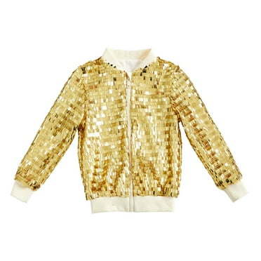 Sequin Jacket for Kids Soild Color Print Crew Neck Zip Up Girls Perform Coats Boys Christmas Tops 4-6 Years 4Y,Gold