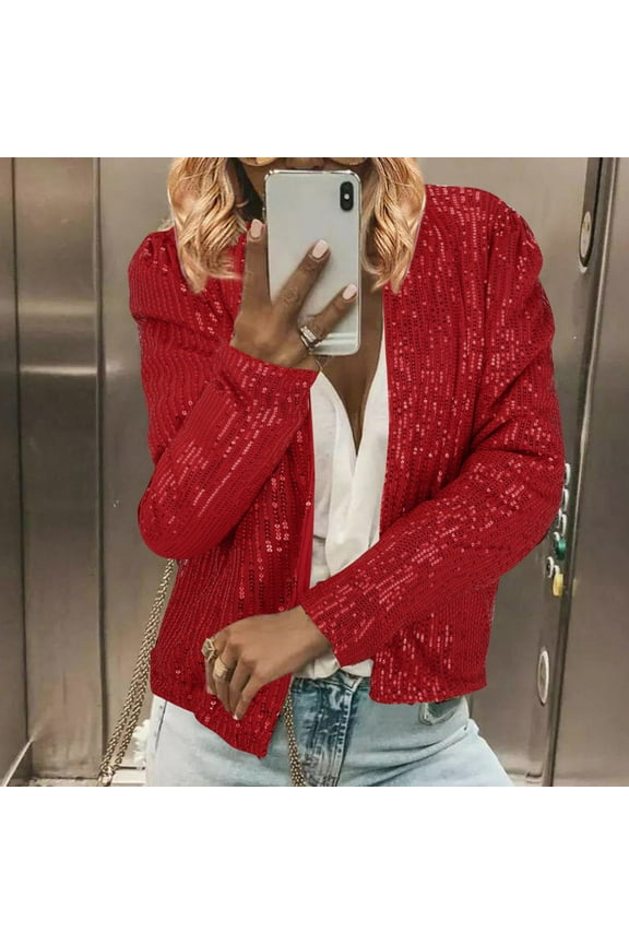 Sequin Jacket for Women Long Sleeve Open Front Glitter Sparkly Party Casual Cardigan Blazer