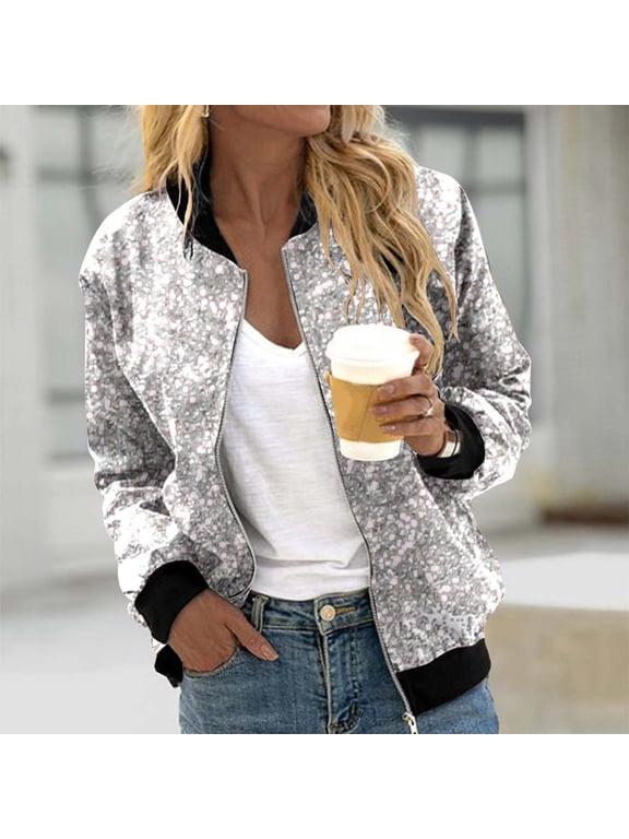 Sequin Jacket for Women Long Sleeved Front Zipper Ribbed Bomber Jacket