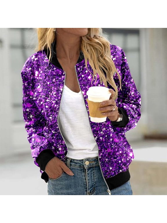 Sequin Jacket for Women Long Sleeved Front Zipper Ribbed Bomber Jacket