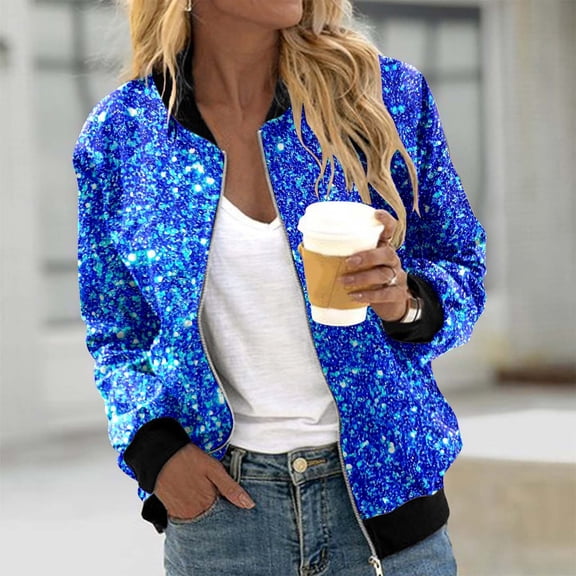 Sequin Jacket for Women Long Sleeved Front Zipper Ribbed Cuffs Bomber Jacket