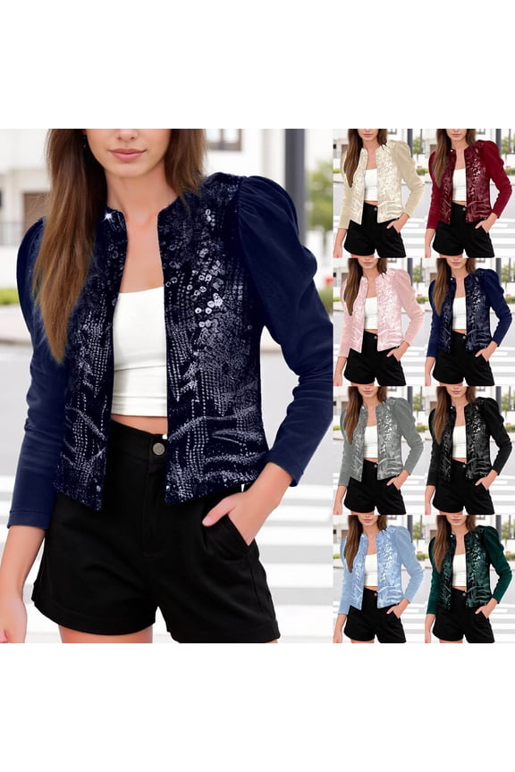 Sequin Jackets for Women Glitter Corduroy Patchwork Coat Casual Stylish Cropped Comfortable Womens Jacket Navy L