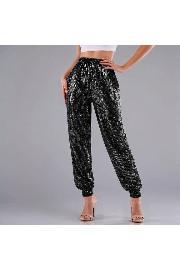 Sequin Joggers for Women Elastic High Waisted Sparkly Glitter Trousers Vintage Disco Dance Pants Color Black Size L