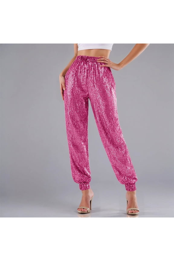 Sequin Joggers for Women Elastic High Waisted Sparkly Glitter Trousers Vintage Disco Dance Pants Color RD2 Size L