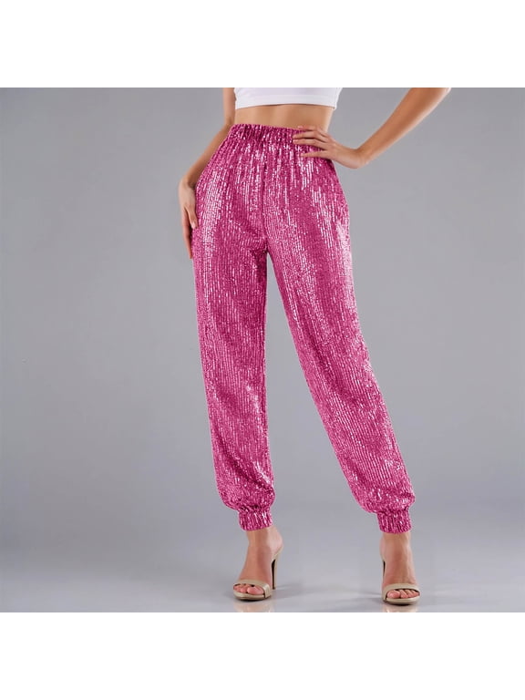 Sequin Joggers for Women Elastic High Waisted Sparkly Glitter Trousers Vintage Disco Dance Pants Color RD2 Size M