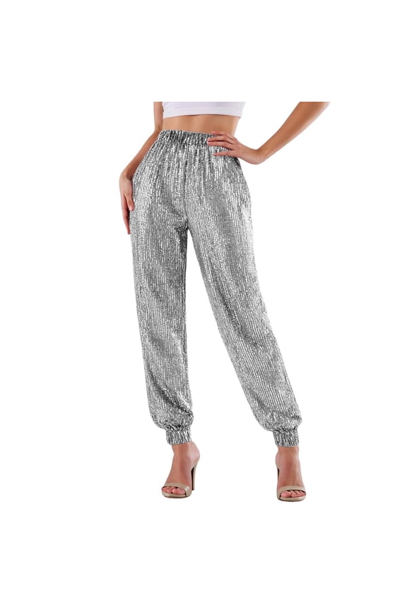 Sequin Joggers for Women Elastic High Waisted Sparkly Pants Holiday Party Glitter Trousers Dance Clothes 2025