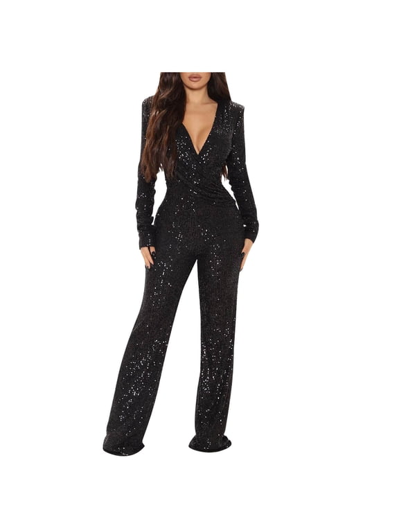 Sequin Jumpsuit for Women V Neck Long Sleeve Romper Sparkly Glitter Playsuit Ladies Elegant Wedding Party Clubbing Rompers Office Evening Trousers Glitter Bling Clubwear