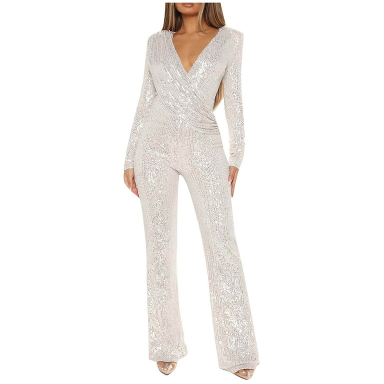 Sequin Jumpsuit for Women V Neck Long Sleeve Romper Sparkly - Main Image