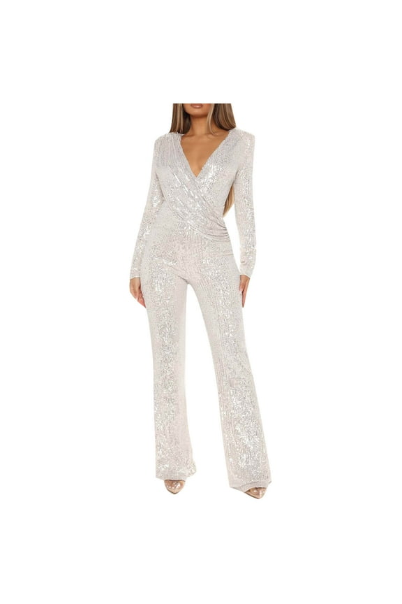 Sequin Jumpsuit for Women V Neck Long Sleeve Romper Sparkly Glitter Playsuit Ladies Elegant Wedding Party Clubbing Rompers Office Evening Trousers Glitter Bling Clubwear