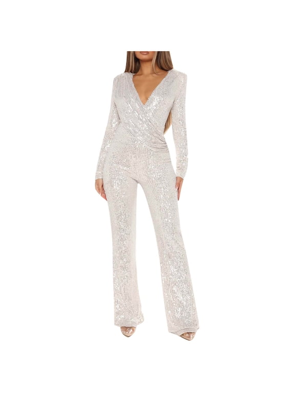 Sequin Jumpsuit for Women V Neck Long Sleeve Romper Sparkly Glitter Playsuit Ladies Elegant Wedding Party Clubbing Rompers Office Evening Trousers Glitter Bling Clubwear
