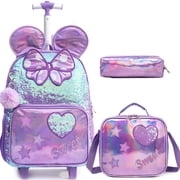 Sequin Kids Rolling Backpack for Girls with Wheels Roller Bookbag with Lunch Box Pencil Case for Elementary School Students Suitcase Age 8-10
