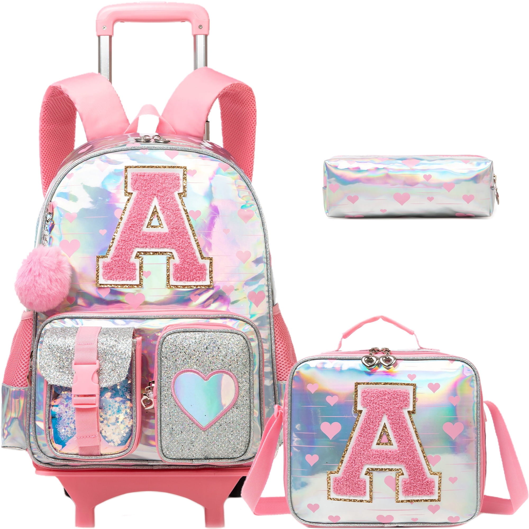 Kids Rolling Backpack with Wheels for Girls Pink Backpacks for School Elementary Student Wheeled Bookbag with Lunch Box Pencil Case