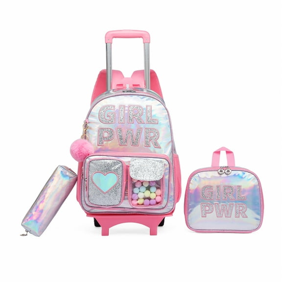 Sequin Kids Rolling Backpack with Wheels Roller School Girls Bookbag with Lunch Box Carry on Suitcase for Ages 6-12