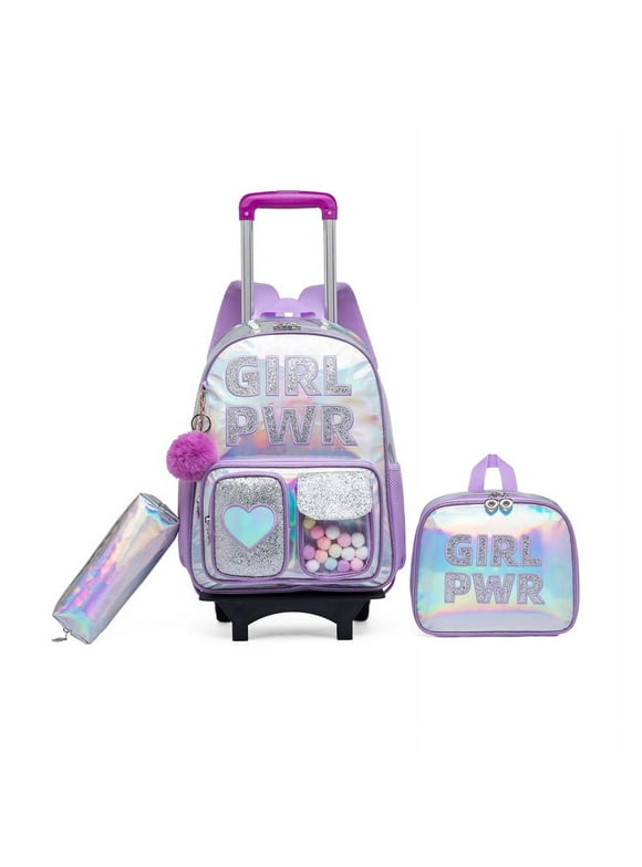 Sequin Kids Rolling Backpacks for Girls with Wheels Wheeled Backpack for School Lightweight Roller Bookbag Purple